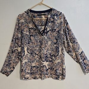 Elegant Floral Women's Blouse - Navy and Peach